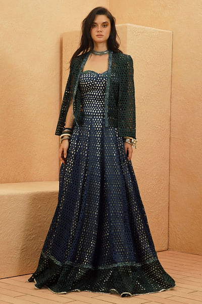 Midnight blue cutwork cape jacket-lehenga set