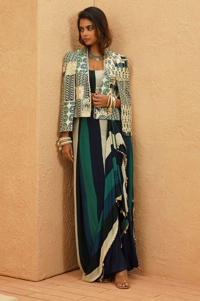 Multicolor patchwork embellished jacket set