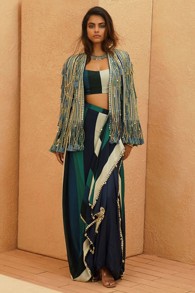 Midnight blue fringe-tasselled cape jacket