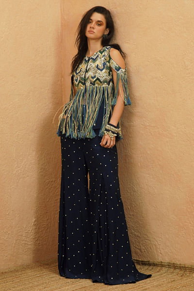 Midnight blue embellished-fringed jacket set