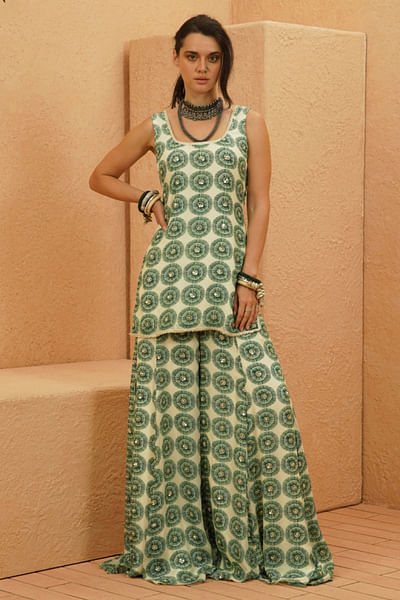 Ivory emerald print-embellished sharara set