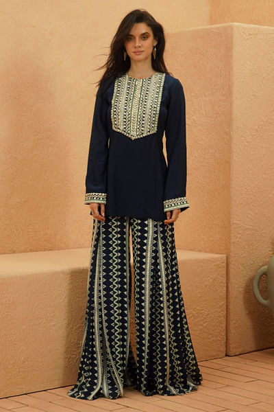 Midnight blue geometric embellished kurta set