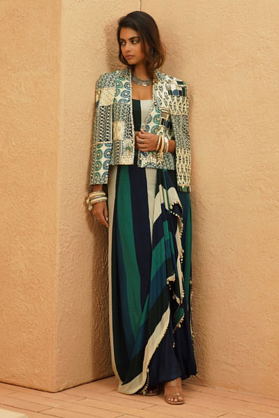 Multicolour patchwork embellished jacket set