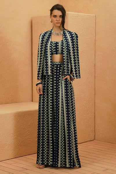Midnight blue print-embellish cape jacket set