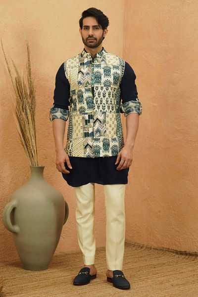 Multicolour print-patchwork bandi kurta set