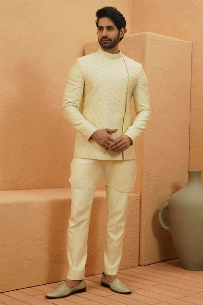Ivory embellished asymmetric bandhgala