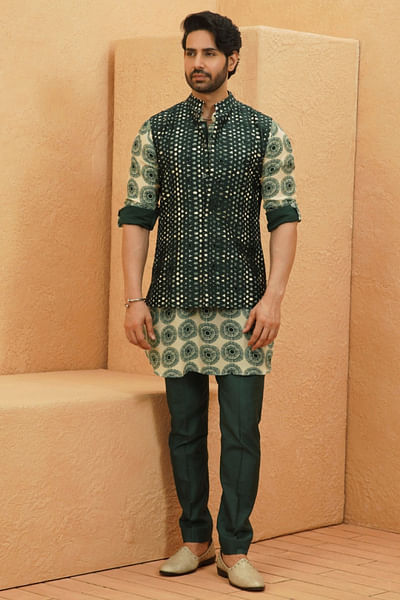 Beige and emerald floral protea printed kurta
