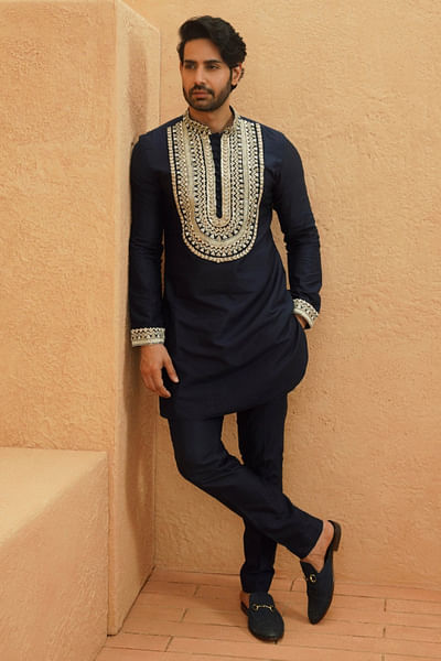 Midnight blue geometric embroidered kurta set