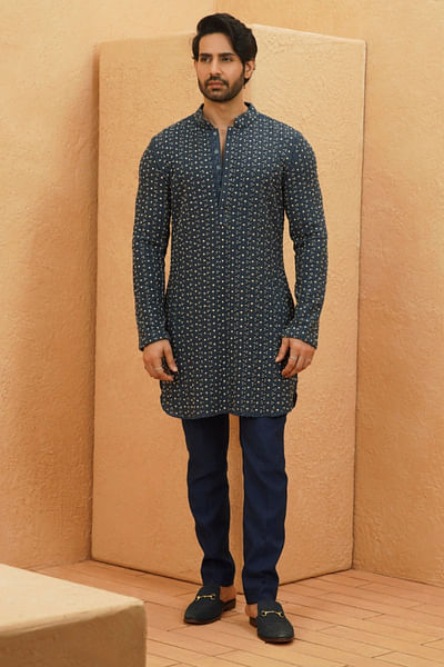 Midnight blue embellished Lucknowi kurta set