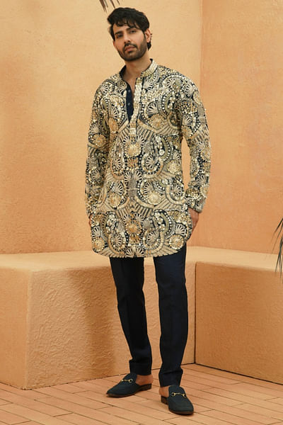 Midnight blue abstract embellished kurta set