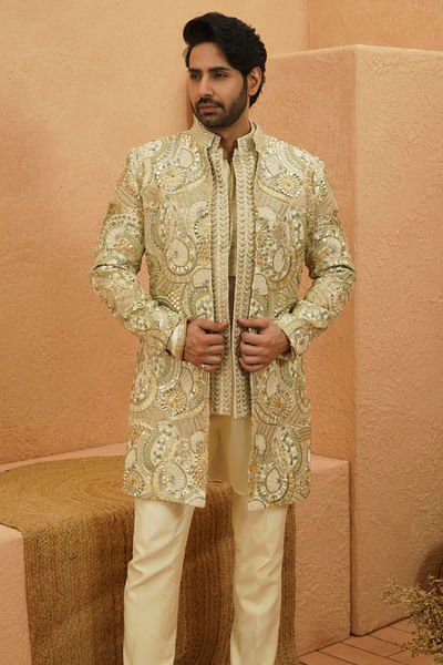 Ivory-gold floral hand embroidery sherwani set