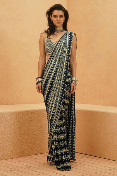 Midnight blue embellished cape jacket-sari set