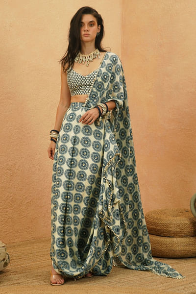 Ivory blue print-embellished drape sari set