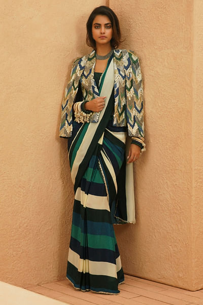 Multicolor chevron embellished jacket-sari set