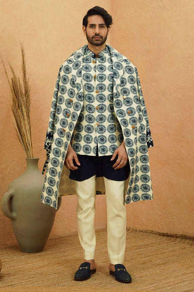 Ivory-midnight blue protea printed trench coat
