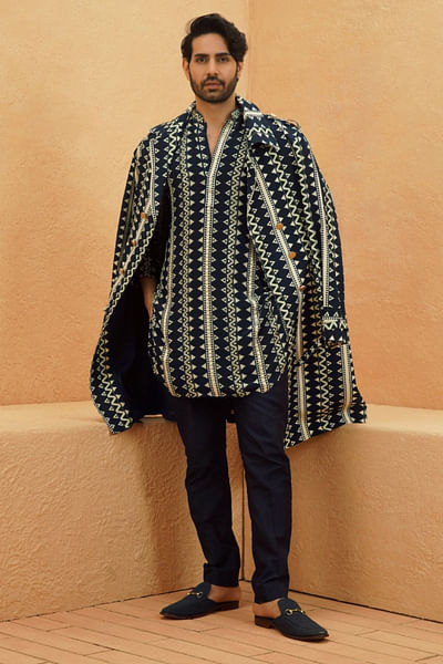Midnight blue print embellished trench coat