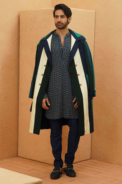 Multicolour stripe printed trench coat