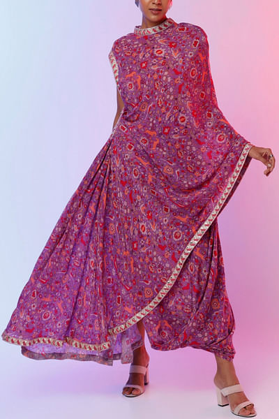 Purple printed drape sari and skirt set