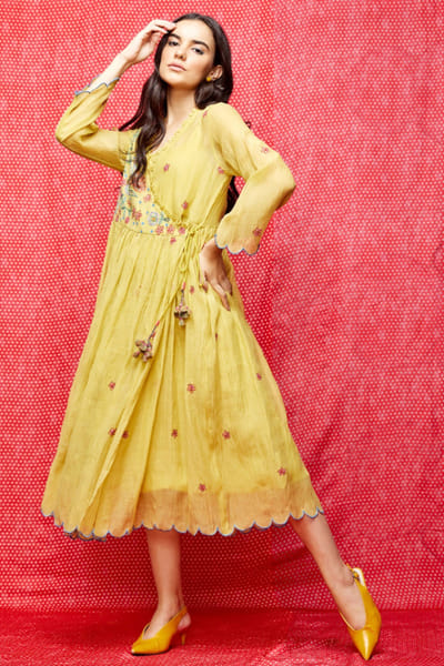 Swati Vijaivargie Yellow bead embroidered wrap dress SWATJUN26D148216