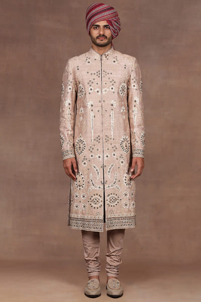Pink sequin embroidered sherwani set
