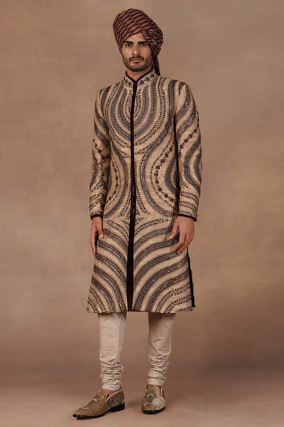 Grey metallic embroidered sherwani set
