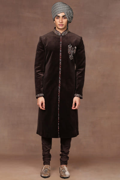 Brown thread embroidered sherwani set