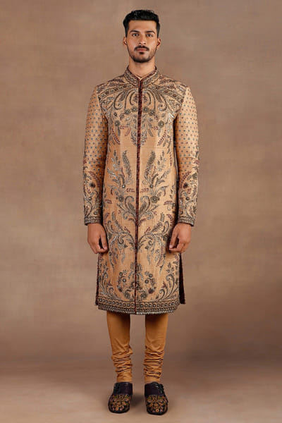 Soft amber embroidered sherwani set