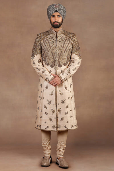 Beige zari embroidered sherwani set