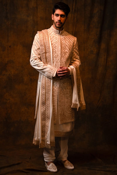 Ivory aari and zardozi embroidery sherwani set