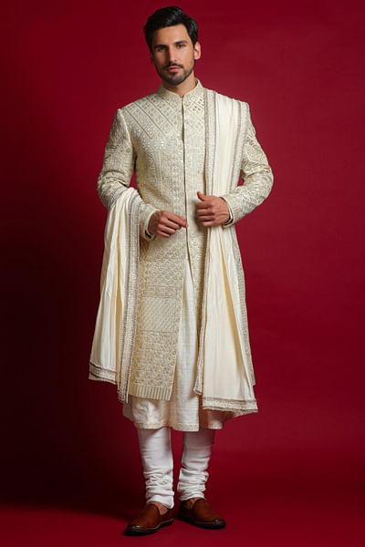 Ivory geometric thread embroidery sherwani set