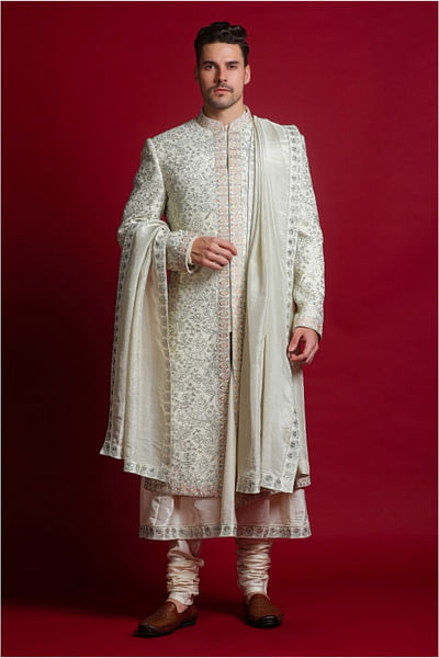 Ivory floral zari embroidered sherwani set