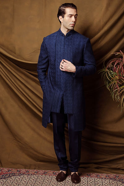 Blue geometric embroidered sherwani set