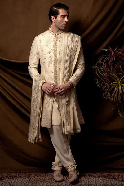 Beige sequin embroidered sherwani set