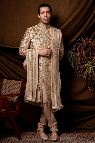 Peach sequin embroidered sherwani set