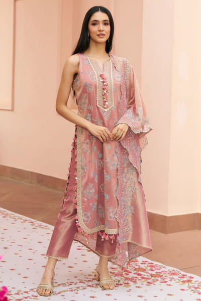 Light pink embroidered tissue kurta set