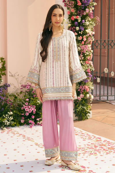 Off white embroidered cupro satin kurta set
