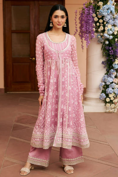 Lilac embroidered organza anarkali set