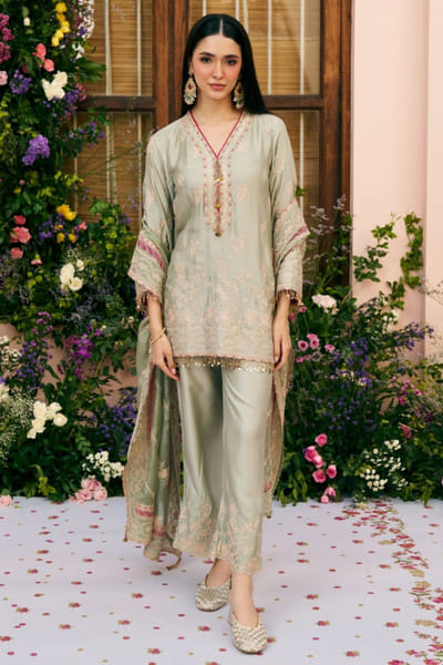 Sage green embroidered kurta set