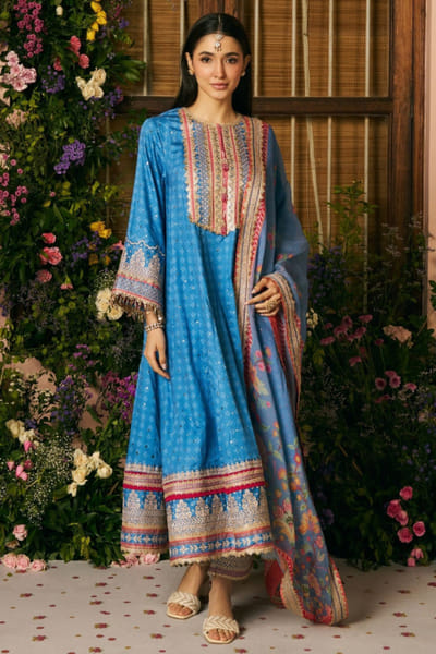 Steel blue printed satin kurta set