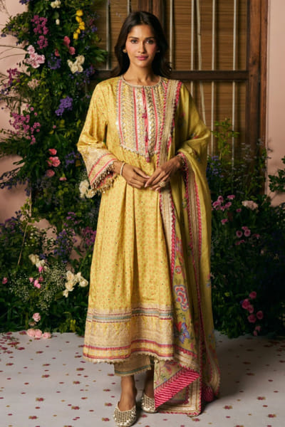 Lime printed pima satin kurta set