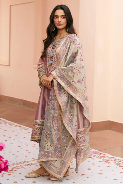 Lavender embroidered tissue kurta set