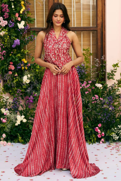 Red printed jacket skirt set