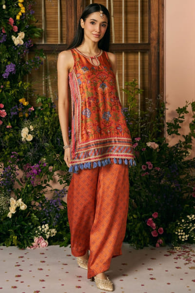 Orange printed cupro satin kurta set