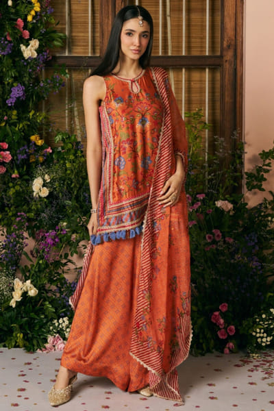 Orange printed kurta set