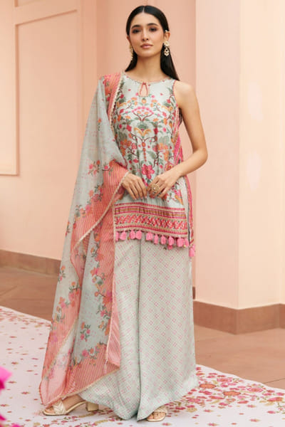 Teal Blue blue printed cupro satin kurta set
