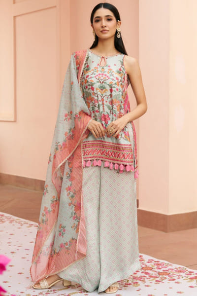 Teal blue printed kurta set