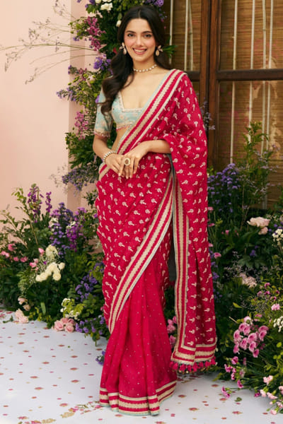 Rani pink motif embroidered sari set