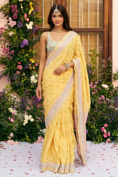 Mustard floral jaal banarasi sari set