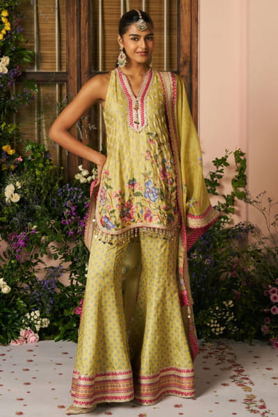 Mulmul Lime printed linen satin sharara set MULMAR26D140698