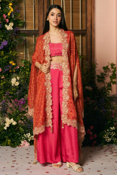 Fuchsia pink and orange embroidered cape set